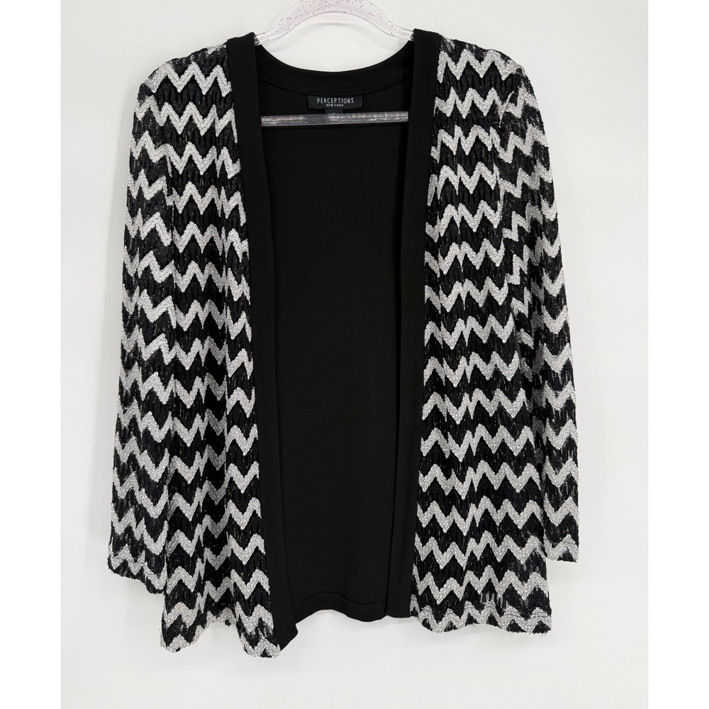 Perceptions New York Womens Sz 8 Black Silver Metallic Chevron Open Cardigan